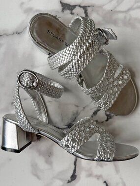 Stuart Weitzman Thea Metallic Silver Woven Leather Sandals NEW Size 9